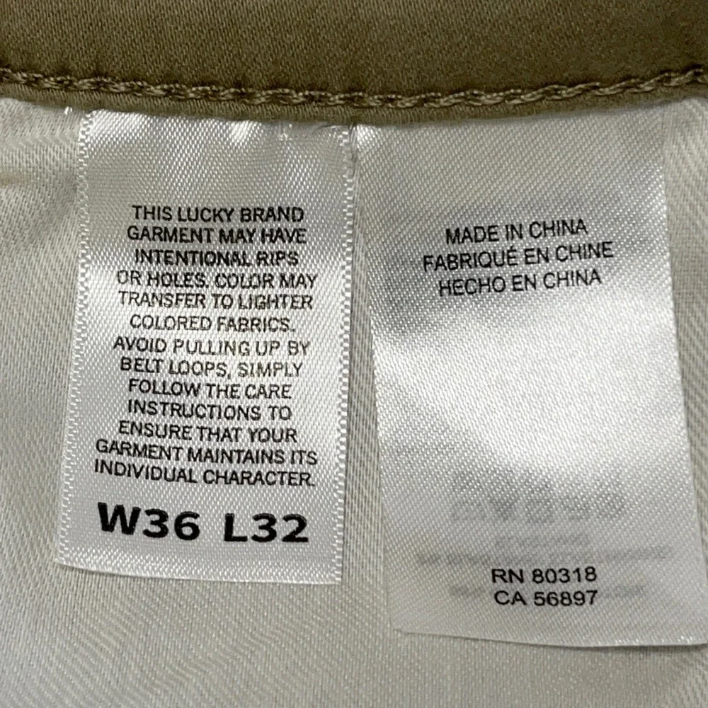 Lucky Brand Mens Pants 36x32 Khaki Tan 121 Slim Straight Cotton Stretch Chino